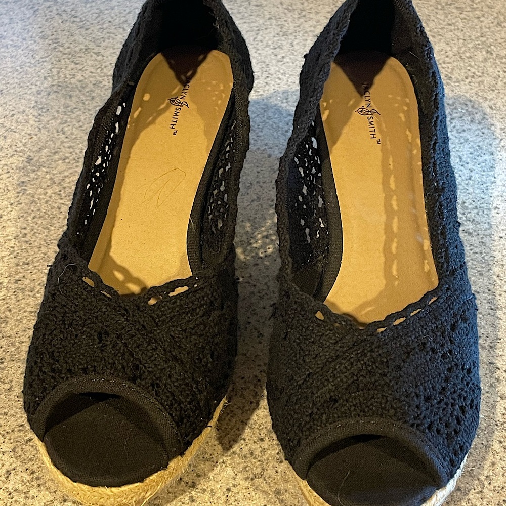 Lacy Black Open Toe Wedge